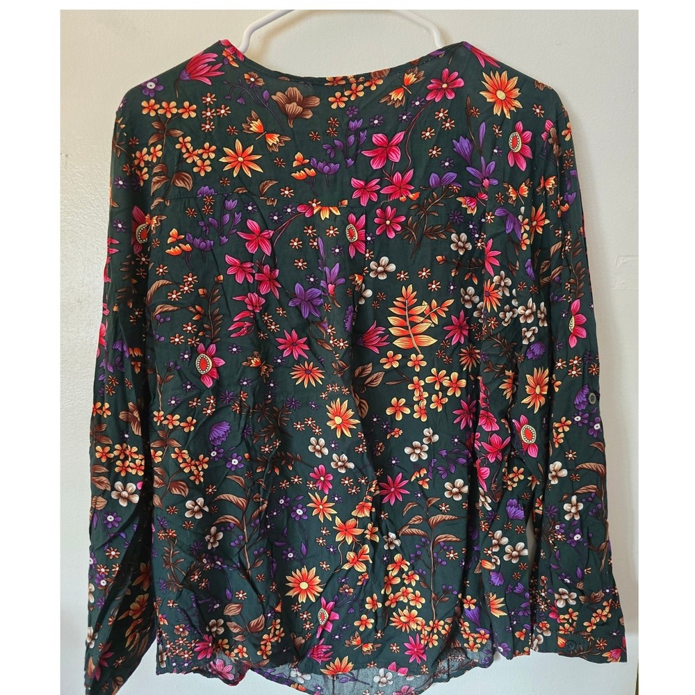 Suzanne Betro Floral Blouse Forest Green Pink Orange Tie Neck Top XL - Picture 3 of 6